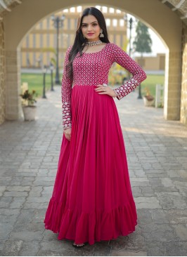 Attractive Pink Embroidered Faux Blooming Georgett