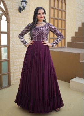 Attractive Wine Embroidered Faux Blooming Georgette Festive wear Gown