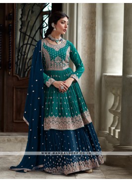 Attractive Aqua Blue Georgette Suit With Embroider