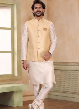 Attractive Baige Banarasi Jaquard silk with chudidar 3pcs Jacket set.