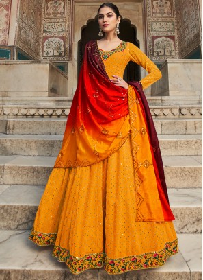 Attractive Yellow Sequins Work Georgette Party Wear Gown