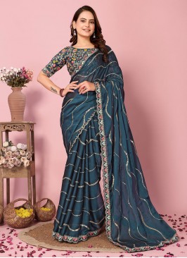 Attractive Teal Embroidered Rangoli Contemporary Saree