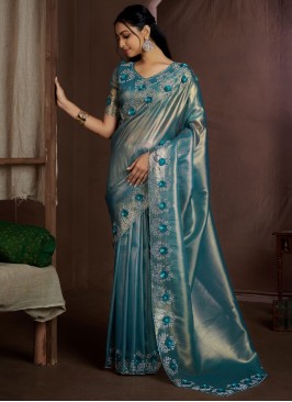 Auspicious Blue and Firozi Swarovski Fancy Fabric Trendy Saree