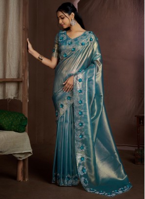 Auspicious Blue and Firozi Swarovski Fancy Fabric Trendy Saree