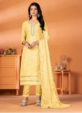 Auspicious Cotton Embroidered Yellow Straight Salwar Kameez