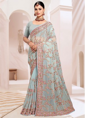 Auspicious Georgette Resham Aqua Blue Trendy Saree