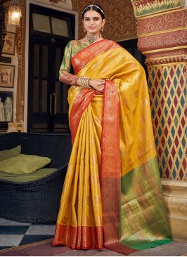 Auspicious Yellow Handloom silk Contemporary Saree