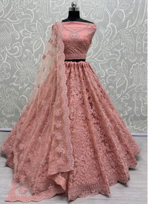 Awesome Peach and Pink Floral Patterns Net Trendy Lehenga Choli