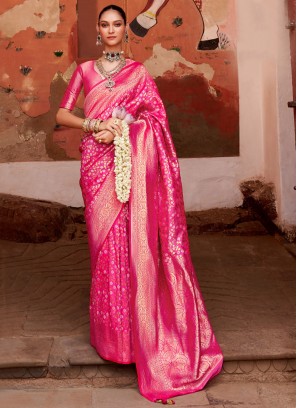 Banarasi Silk Jaal Classic Saree in Rani