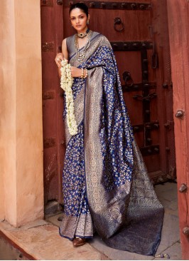 Banarasi Silk Jaal Navy Blue Designer Saree