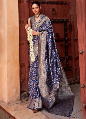 Banarasi Silk Jaal Navy Blue Designer Saree