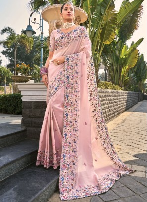 Banarasi Silk Pink Embroidered Contemporary Saree