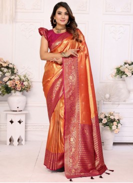 Banarasi Silk Trendy Saree in Orange and Rani