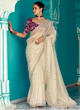 Baronial Cutwork Off White Glass Tissue Classic Saree