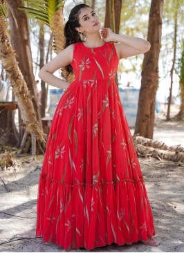 Baronial Digital Print Red Readymade Gown