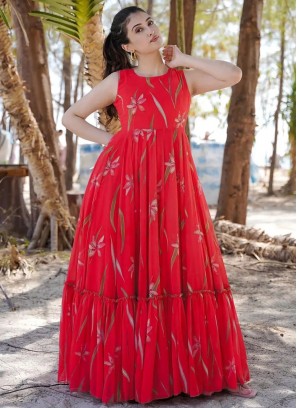 Baronial Digital Print Red Readymade Gown