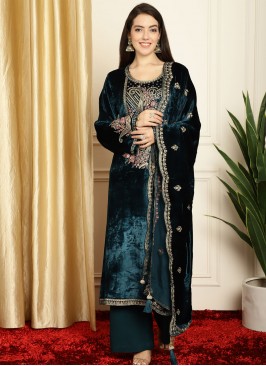 Baronial Embroidered Velvet Navy Blue Trendy Salwar Suit