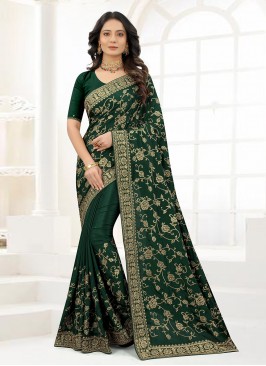 Baronial Green Satin Silk Traditional Designer Sar