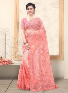 Baronial Net Embroidered Rose Pink Traditional Sar