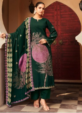 Beauteous Foil Print Green Muslin Pant Style Suit