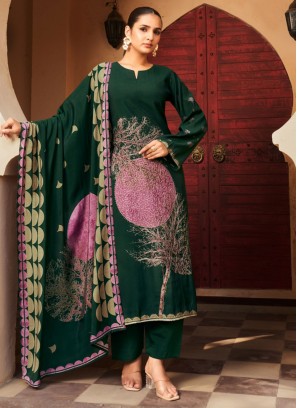 Beauteous Foil Print Green Muslin Pant Style Suit