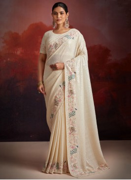 Beauteous Georgette White Embroidered Classic Saree