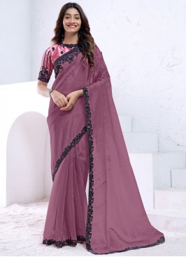 Beauteous Sequins Mauve  and Wine Pure Silk Designer Saree