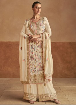 Beautiful Embroidered Off White Chinon Readymade Salwar Kameez