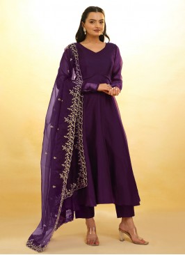 Beautiful Purple Embroidered Organza Readymade Salwar Suit