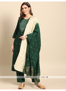 Beautiful Smooth Green Chinon Suit With Embroidery