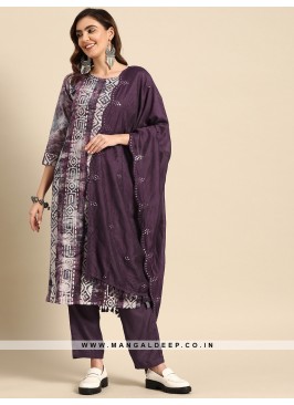 Beautiful Smooth Purple Cotton Suit With Digital P