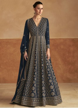 Beckoning Chinon Embroidered Navy Blue Readymade Gown