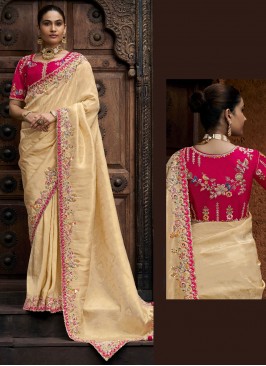 Beckoning Cream Viscose Designer Saree