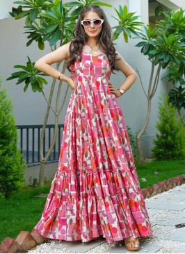 Beckoning Digital Print Rayon Pink Designer Gown