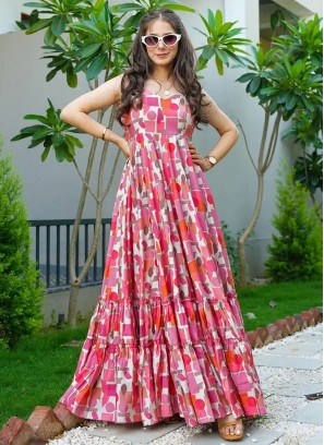 Beckoning Digital Print Rayon Pink Designer Gown