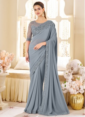 Beckoning Sequins Georgette Blue and Grey Classic Saree