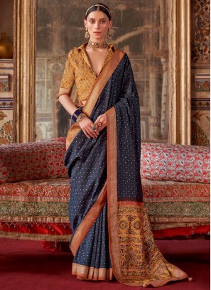 Beckoning Silk Navy Blue Classic Saree