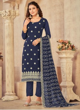 Bedazzling Embroidered Georgette Blue Pant Style S