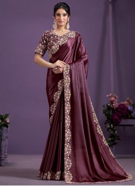 Bedazzling Moti Wine Satin Silk Trendy Saree