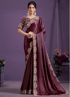 Bedazzling Moti Wine Satin Silk Trendy Saree