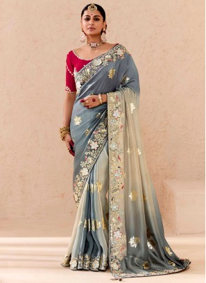 Beige and Grey Stone Silk Trendy Saree