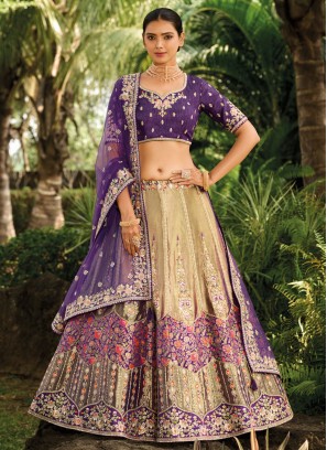 Beige and Purple Wedding Banarasi Silk Trendy Lehenga Choli