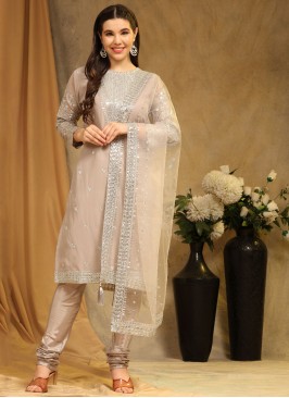 Beige Embroidered Faux Georgette Trendy Salwar Sui
