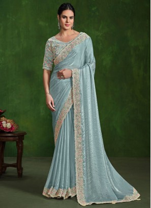 Best Sequins Aqua Blue Trendy Saree