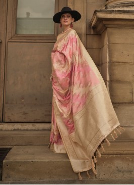 Best Weaving Satin Silk Cream and Pink Contemporary Saree