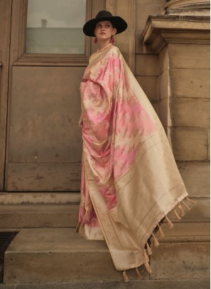 Best Weaving Satin Silk Cream and Pink Contemporary Saree