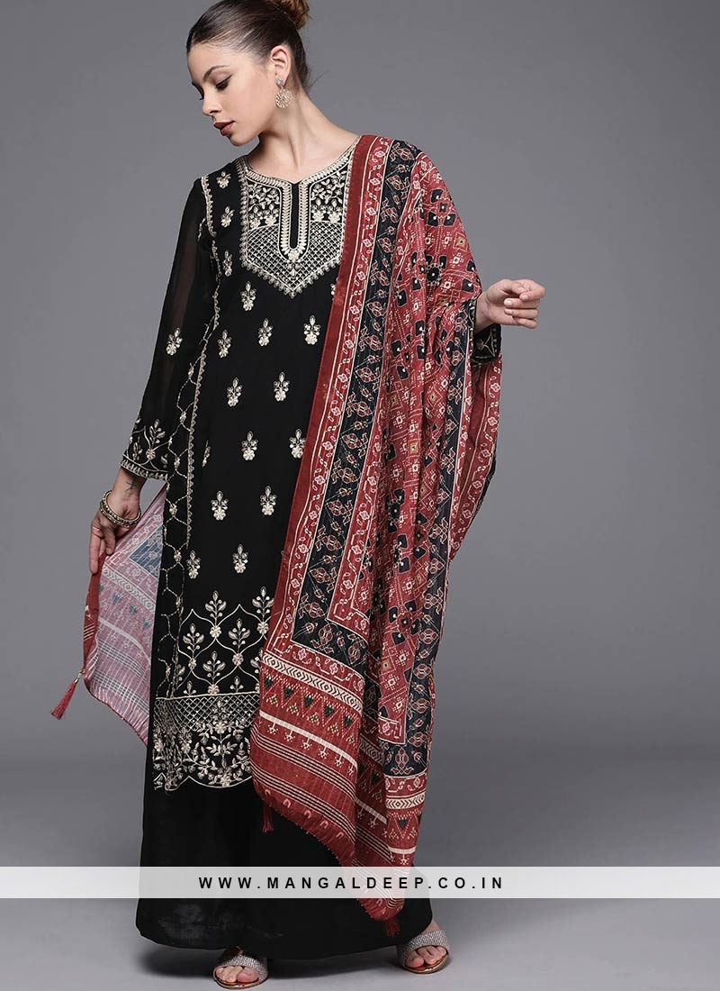 Black Thread Embroidered Georgette Paint Suit