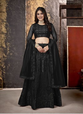 Black  Color Net And Embroidered Work Lehenga