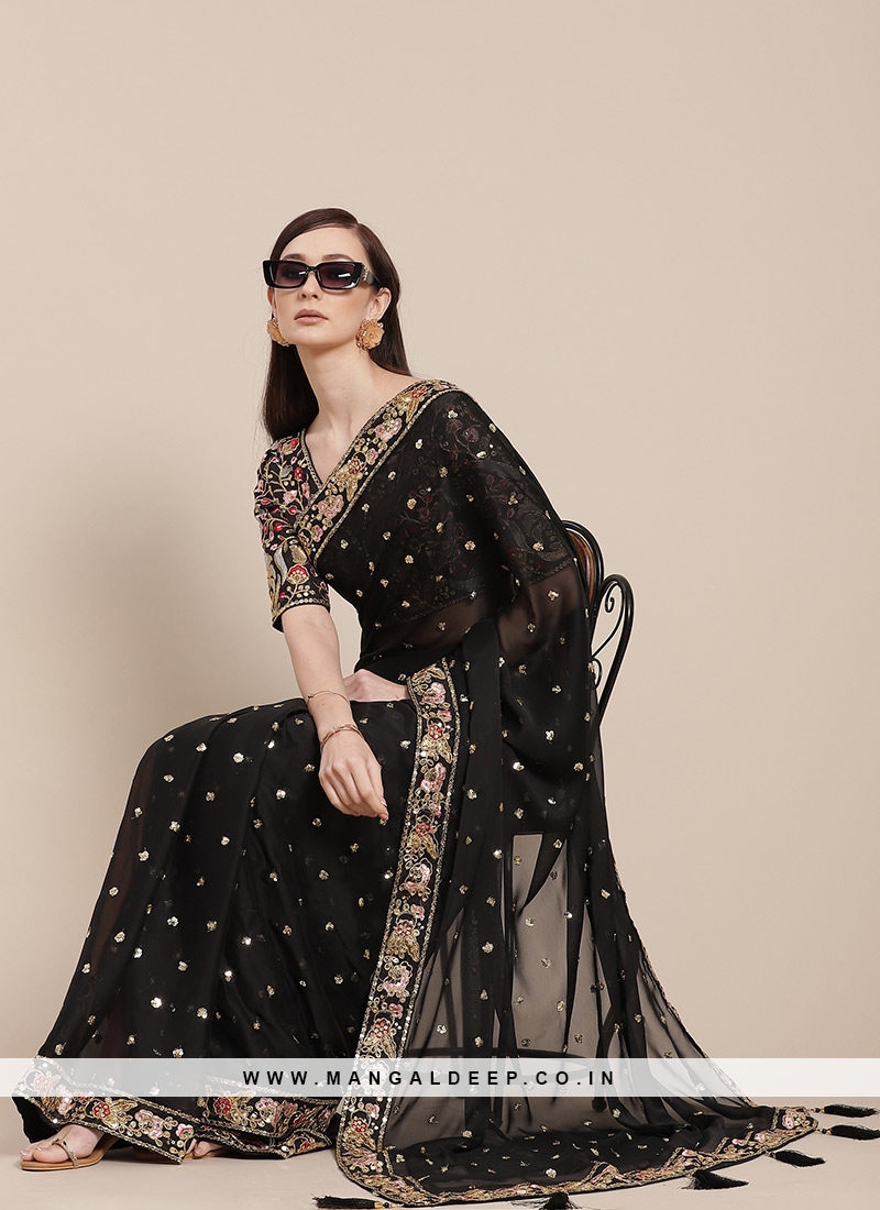 Black Color Silk Saree With Designer Blouse