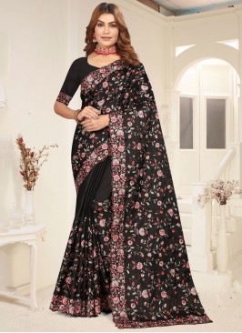 Black Embroidered Tussar Silk Classic Saree